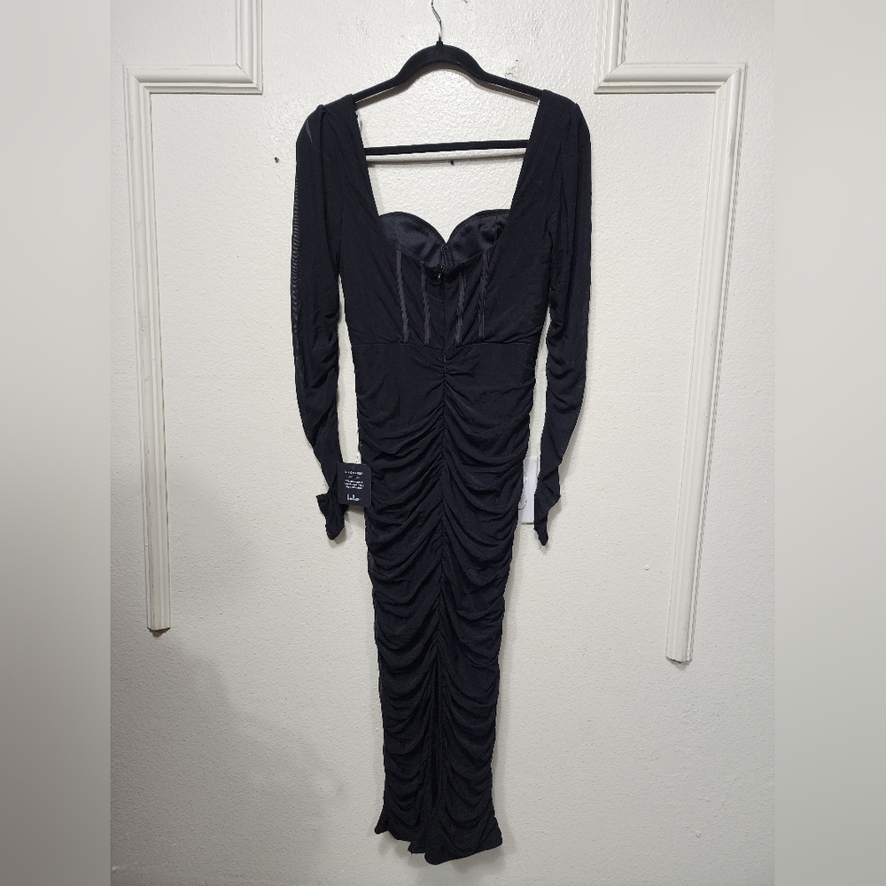Lulus Dramatic Demure Black Mesh Halter Bustier Midi Dress M Wedding Party - Picture 8 of 10